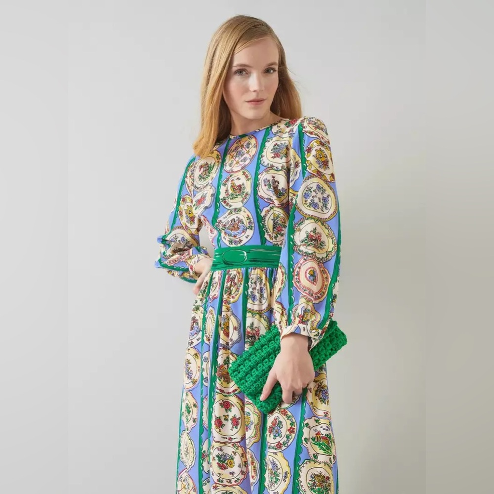 LK Bennett Erica Plate Print Silk Dress Size 10